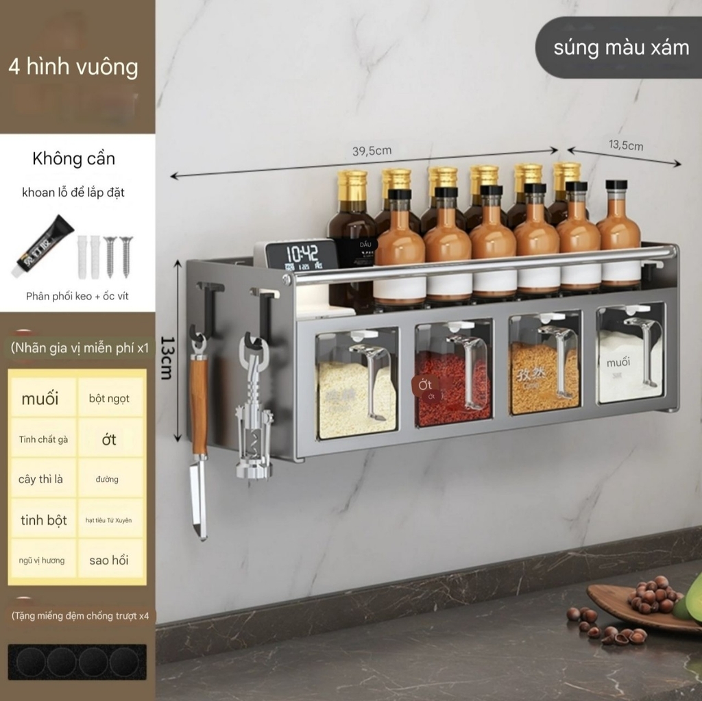 Kệ để lọ gia vị và có hộp đựng gia vị kiểu dán tường