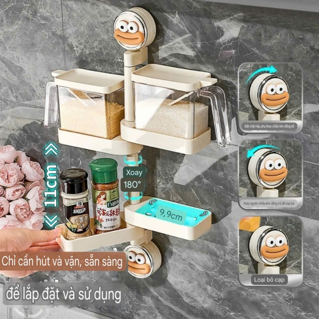 Kệ để hộp gia vị xoay 180 độ kiểu hút tường