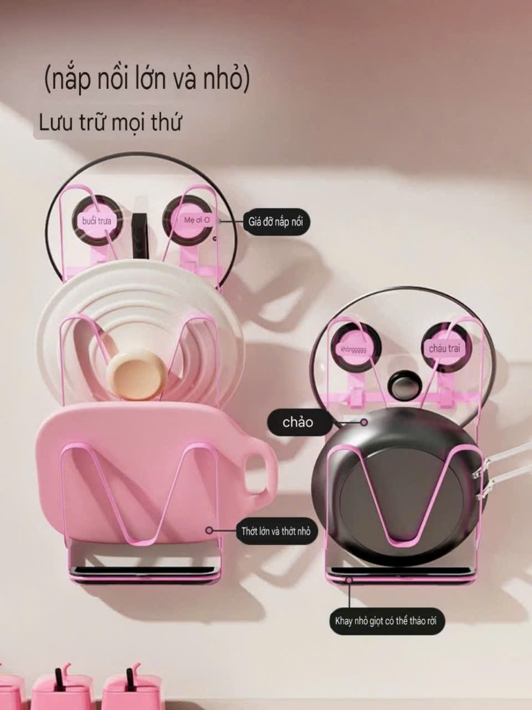 Kệ để nắp nồi hút tường màu hồng nhạt
