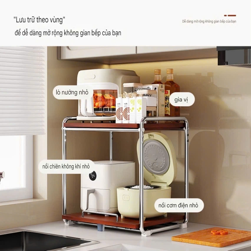 Kệ nhà bếp 2 tầng bằng thep không rỉ và gỗ tự nhiên