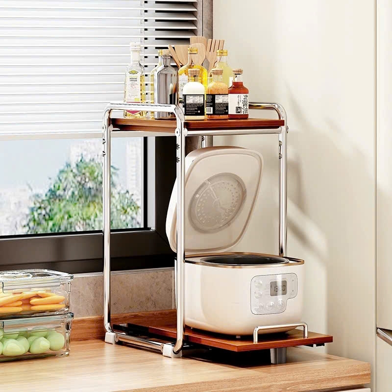 Kệ nhà bếp 2 tầng bằng thep không rỉ và gỗ tự nhiên