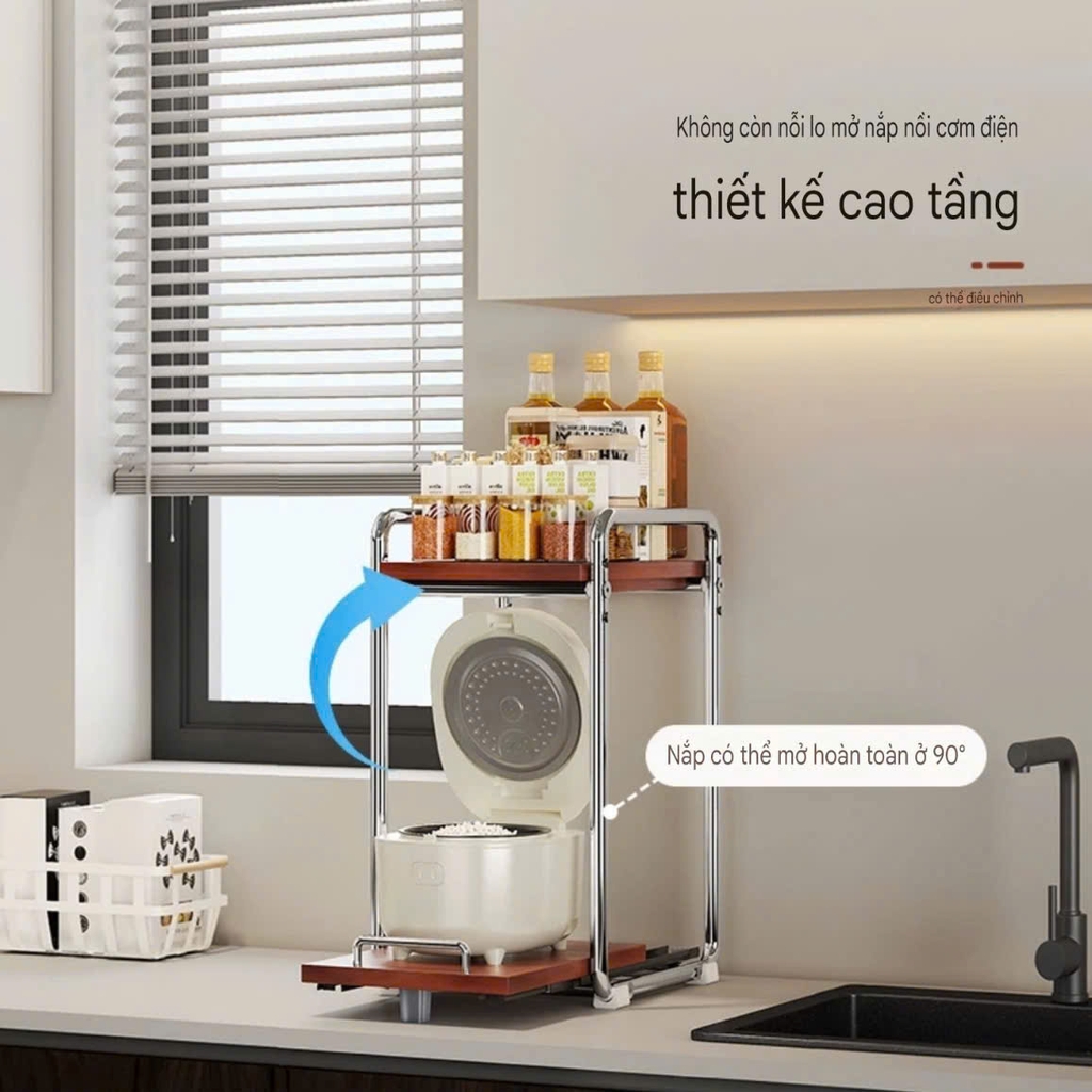 Kệ nhà bếp 2 tầng bằng thep không rỉ và gỗ tự nhiên