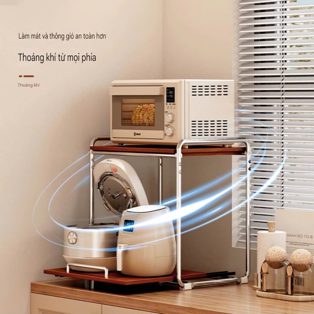 Kệ nhà bếp 2 tầng bằng thep không rỉ và gỗ tự nhiên