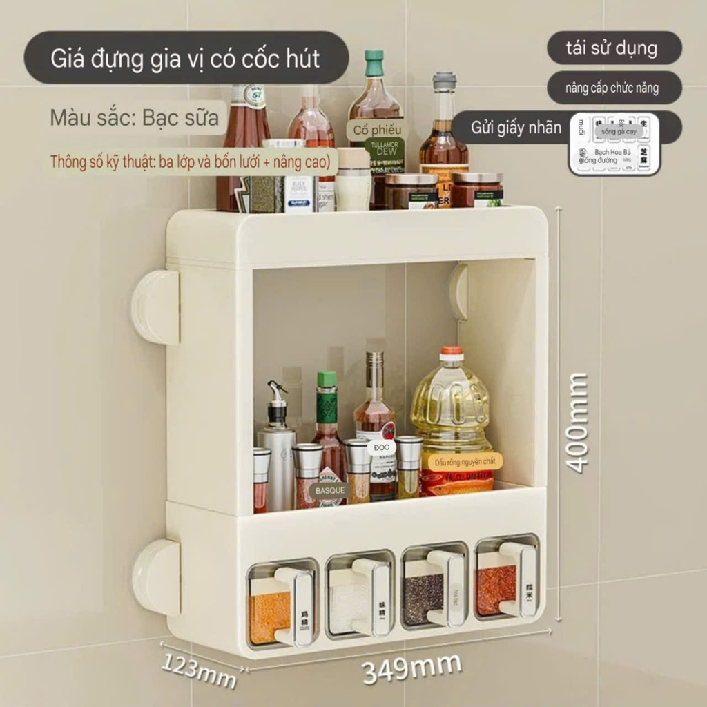 Kệ nhà bếp để đồ gia vị có 4 chân hút tường