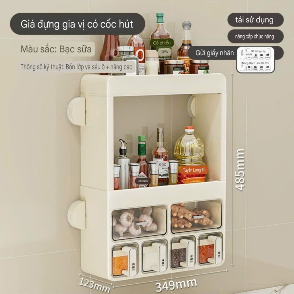 Kệ nhà bếp để đồ gia vị có 4 chân hút tường