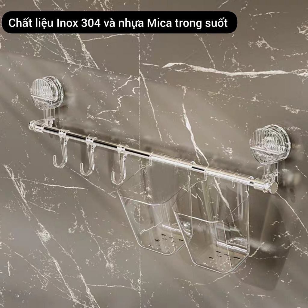 Thanh treo đồ hút tường có 2 hộp và 3 móc nhỏ