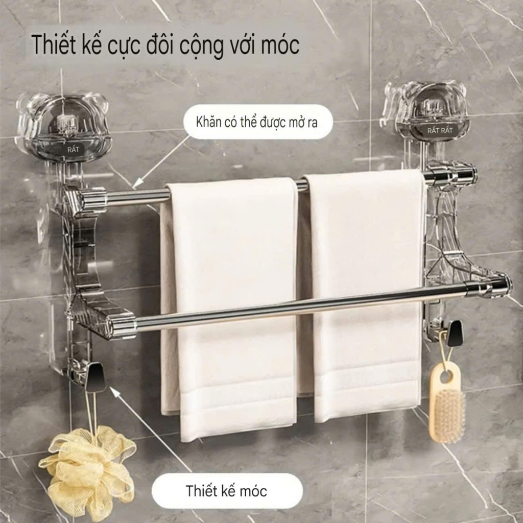 Thanh treo khăn kiểu 2 tầng đế hút tường hình gấu