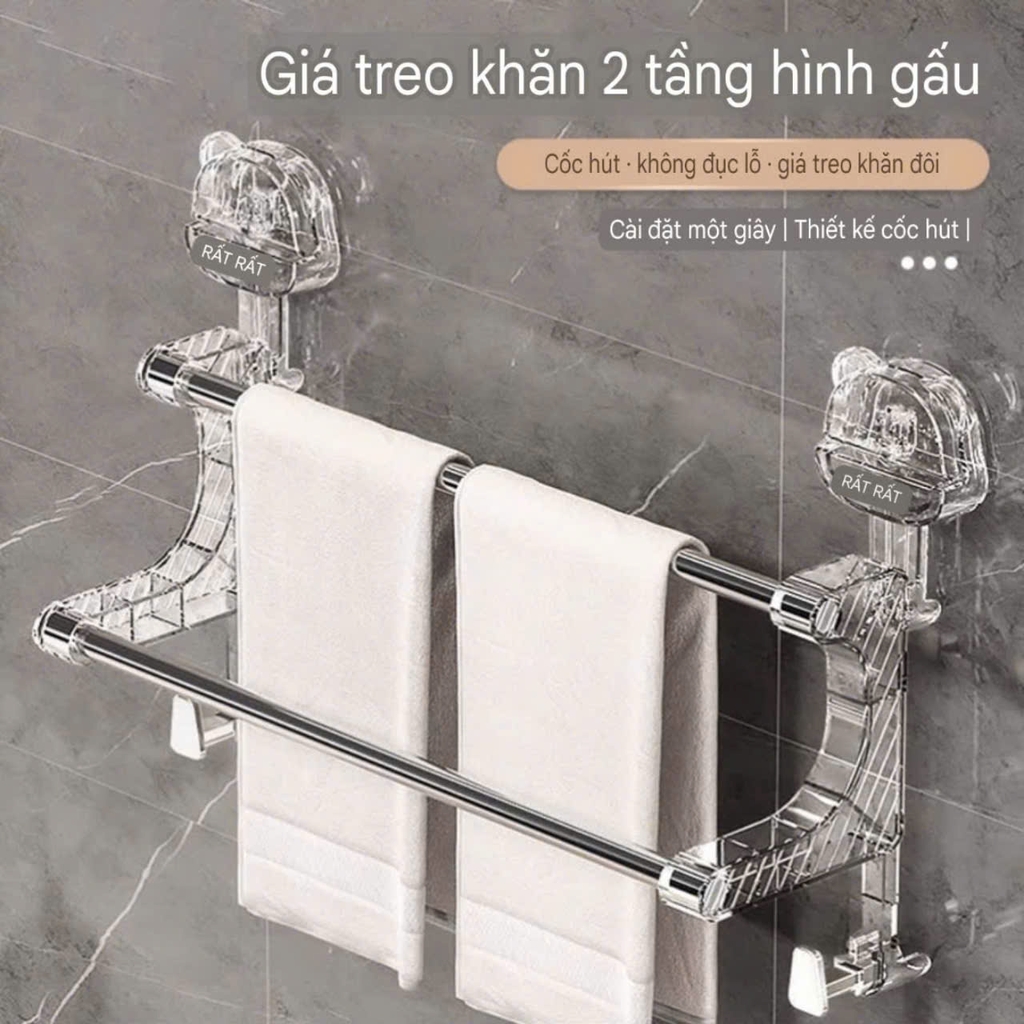 Thanh treo khăn kiểu 2 tầng đế hút tường hình gấu