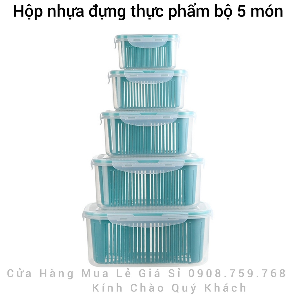 Hộp Nhựa Đựng Thực Phẩm Bộ 5 Món Kèm Rổ