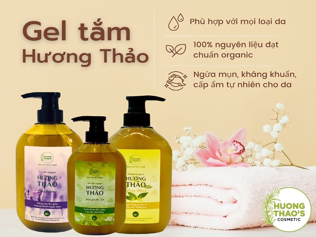 Gel tắm organic Hương Thảo - Hoa Hạ với tinh dầu hoa hoàng lan, ngọc lan thơm mát, làm sạch và dưỡng ẩm dịu nhẹ, chai 300ml