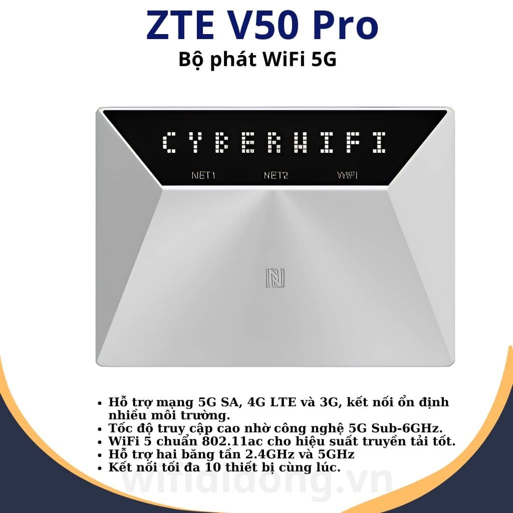 Bộ phát WiFi 5G ZTE V50 Pro | Router WiFi 5G WiFi 5, Tốc độ 1.83Gbps, Hỗ trợ 10 thiết bị, Thiết kế siêu nhỏ gọn | Hàng chính hãng