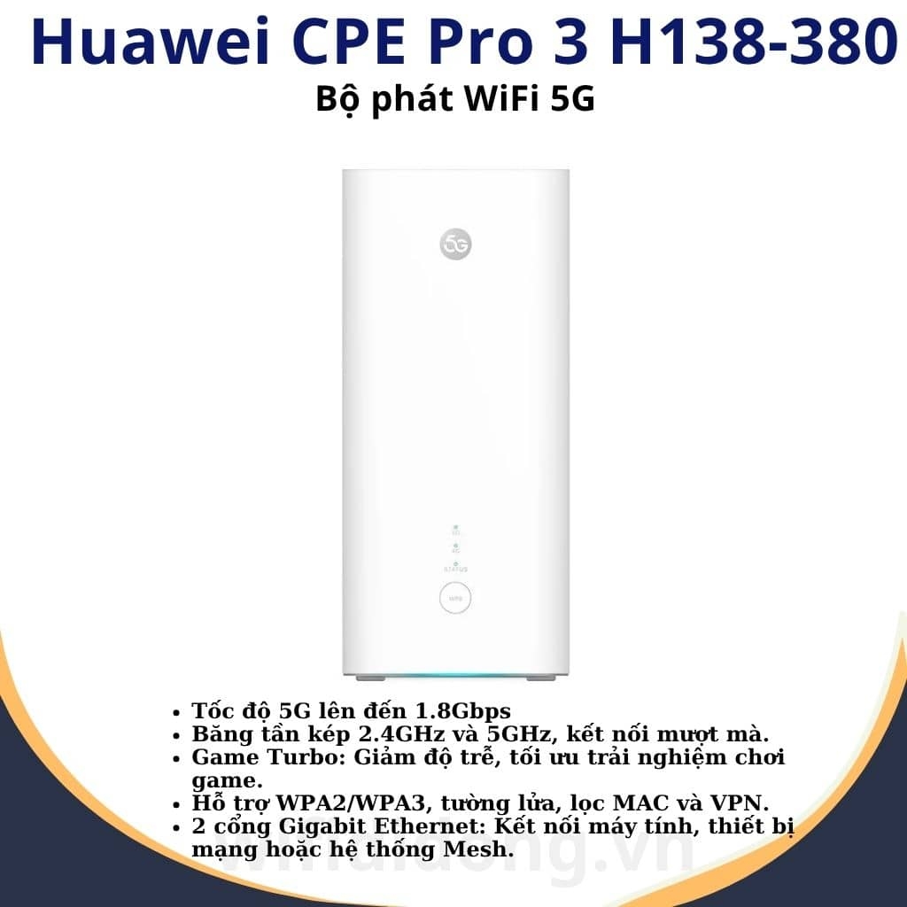 Bộ phát WiFi 5G Huawei CPE Pro 3 H138-380 | Router WiFi 5G WiFi 6, Tốc độ 1.8Gbps, Hỗ trợ 128 thiết bị, Thiết kế sang trọng | Hàng chính hãng