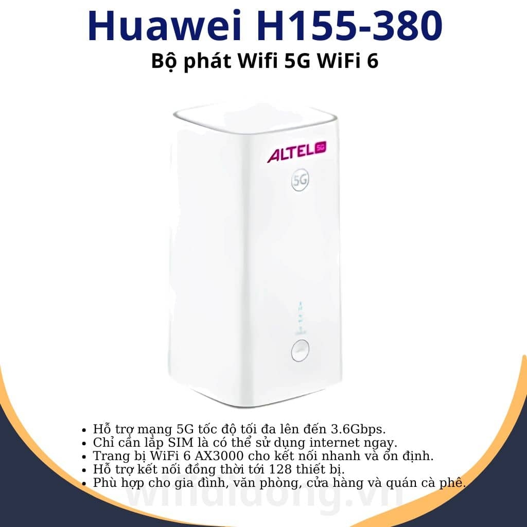 Bộ phát WiFi 5G Huawei H155-380 | Router WiFi 6 AX3000, tốc độ 3.6Gbps, kết nối 128 thiết bị, cắm SIM dùng ngay | Hàng chính hãng