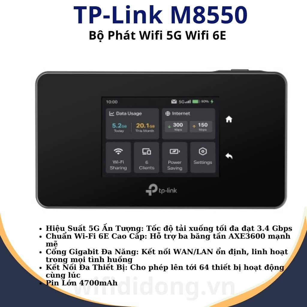 Bộ Phát WiFi 5G TP-Link M8550 | Bộ Phát WiFi Di Động 5G WiFi 6E AXE3600, Kểt Nối 64 Thiết Bị, Pin Lớn 4700mAh | Hàng Chính Hãng
