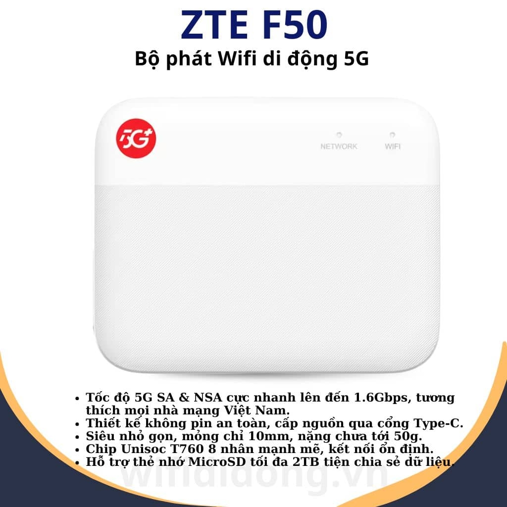Bộ Phát WiFi 5G ZTE F50 | Bộ Phát WiFi Di Động 5G Tốc Độ 1.6Gbps, Hỗ Trợ WiFi Băng Tần Kép, Kết Nối 10 Thiết Bị | Hàng Chính Hãng