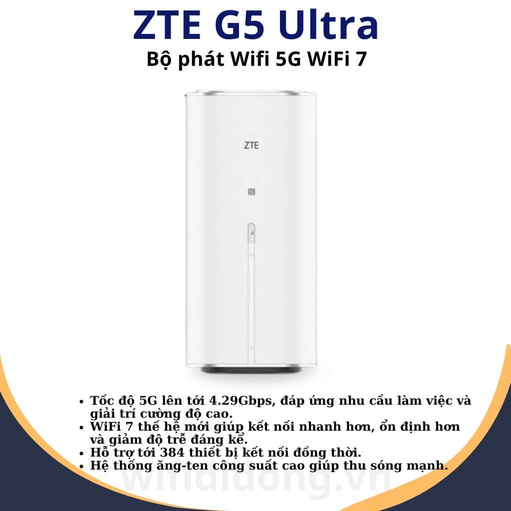 Bộ phát WiFi 5G ZTE G5 Ultra | Router WiFi 5G WiFi 7, tốc độ 4.29Gbps, kết nối 384 thiết bị, Chip siêu khủng 4nm | Hàng chính hãng