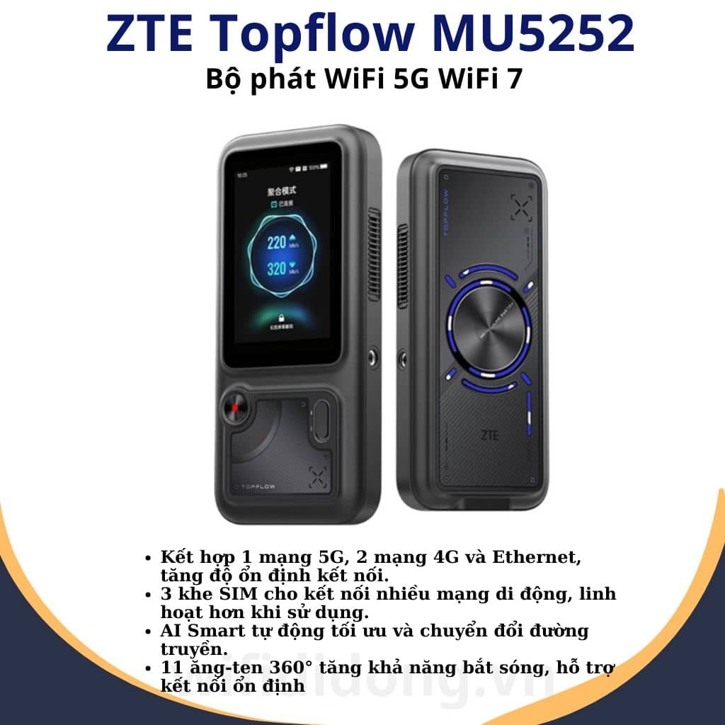 Bộ phát WiFi 5G ZTE Topflow MU5252 | Router WiFi 5G Wi-Fi 7, Chip Qualcomm X75, Gộp 4 Nguồn Mạng AI, Hỗ trợ 64 Thiết Bị | Hàng Chính Hãng