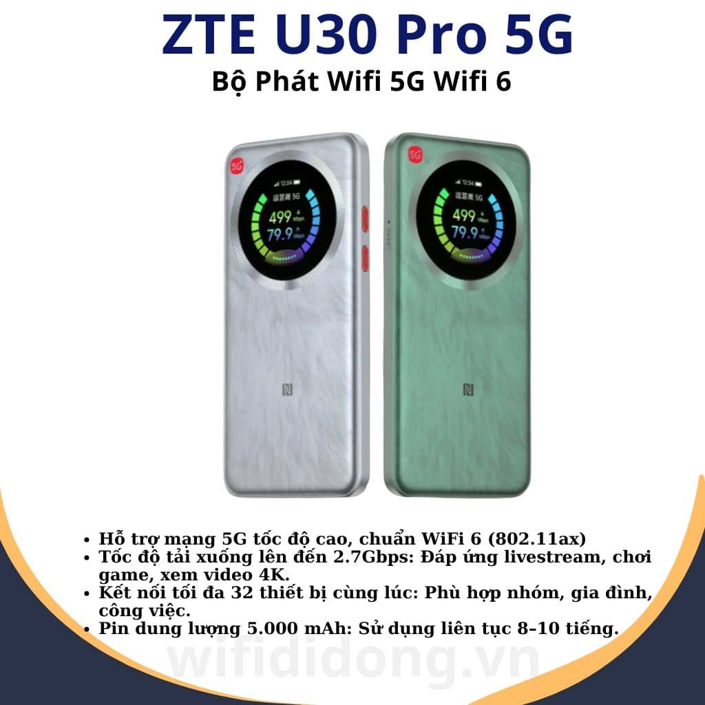 Bộ phát WiFi 5G ZTE U30 Pro 5G | Bộ phát WiFi 5G WiFi 6, Tốc độ 2.7gbps, Pin 5.000 mAh | Bảo hành 12 tháng 1 đổi 1