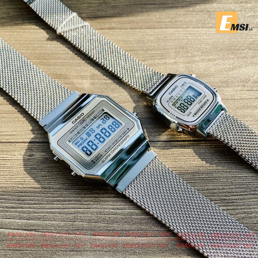 Đồng Hồ Casio Cặp Đôi A700WM-7ADF & LA670WEM-7DF Dây Kim Loại Dạng Lưới - Mặt Vuông Điện Tử - Chống Nước