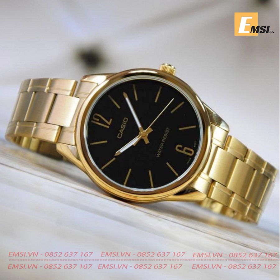 Đồng Hồ Cặp Đôi Casio MTP-V005G-1BUDF Và LTP-V005G-1BUDF Dây Kim Loại Mạ Vàng - Nền Mặt Màu Đen EMSI.VN