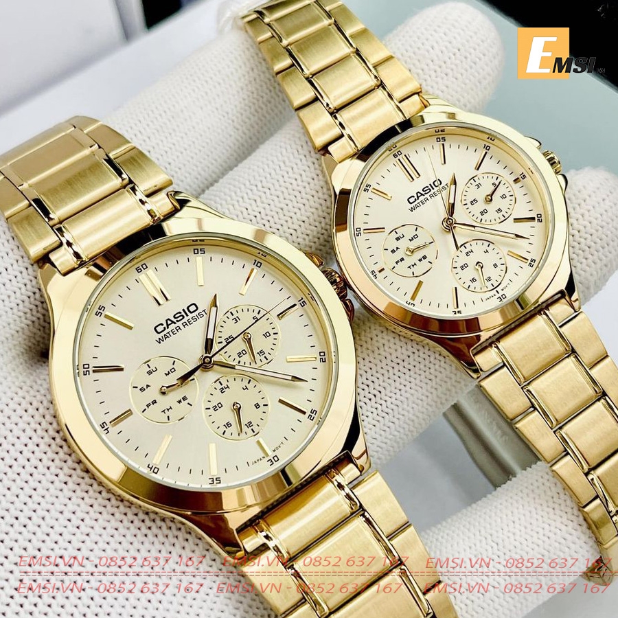 Đồng hồ cặp đôi Casio MTP-V300G-9A và LTP-V300G-9A Dây kim loại màu vàng - Mặt vàng EMSI.VN
