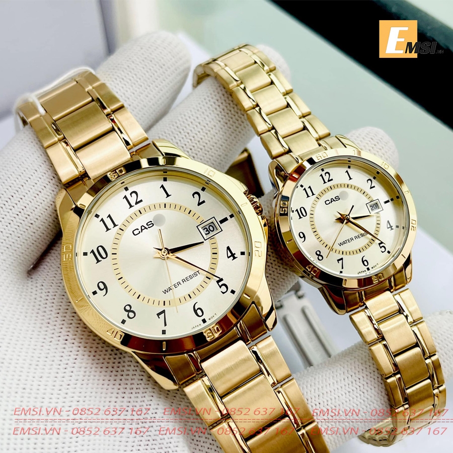 Đồng Hồ Casio Cặp Đôi MTP-V004G-9BUDF & LTP-V004G-9BUDF Dây Kim Loại Mạ Vàng - Mặt Số - Chống Nước EMSI.VN