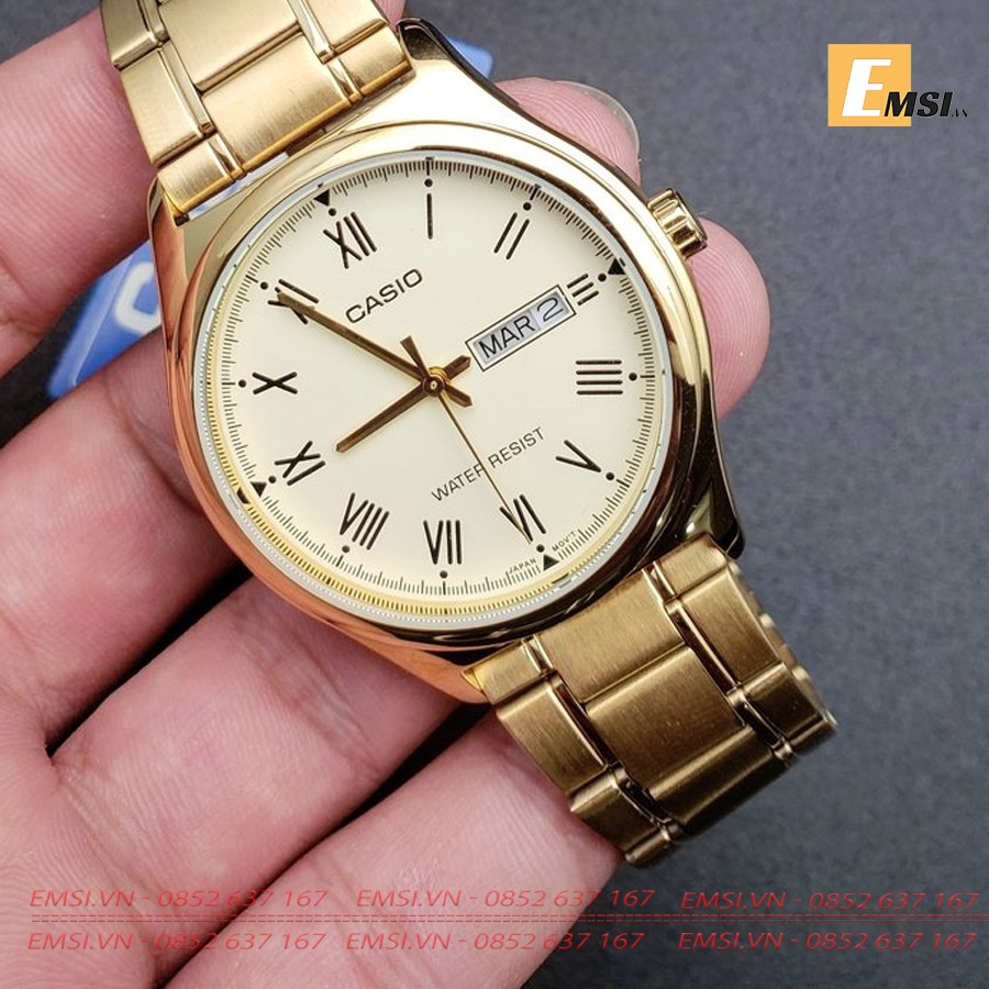 Đồng Hồ Cặp Đôi Casio MTP-V006G-9B và LTP-V006G-9B Dây Kim Loại Mạ Vàng Mặt Số La Mã EMSI.VN
