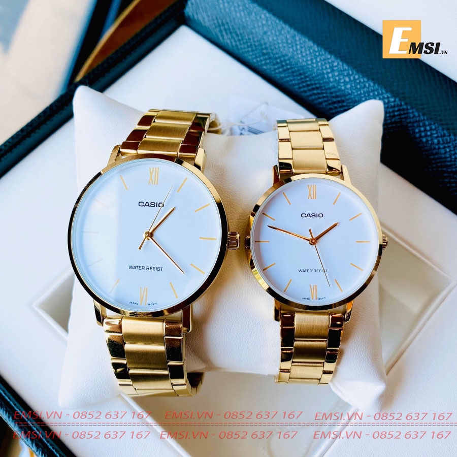 Đồng Hồ Cặp Đôi Casio MTP-VT01G-7BUDF Và LTP-VT01G-7BUDF Dây Kim Loại Mạ Vàng - Nền Mặt Màu Trắng EMSI.VN