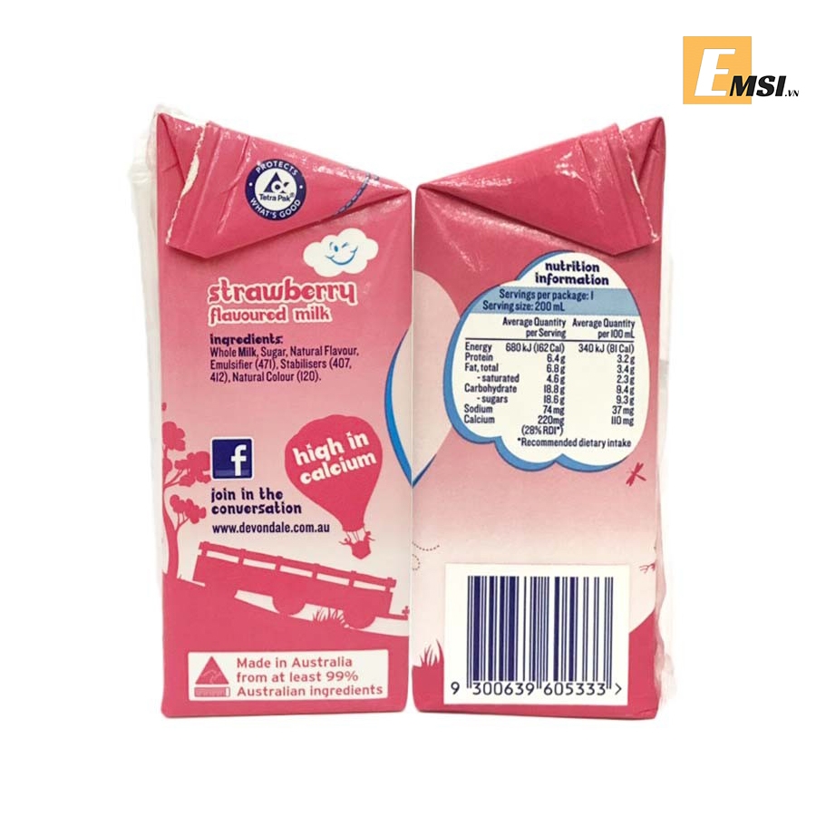 Sữa nước Devon Úc hàng nội địa vị dâu 200ml thùng 24 hộp