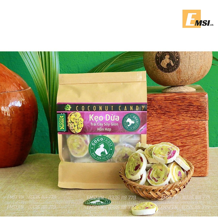 Đặc sản: Kẹo dừa trái cây sấy giòn cuộn bánh tráng Cocofarm