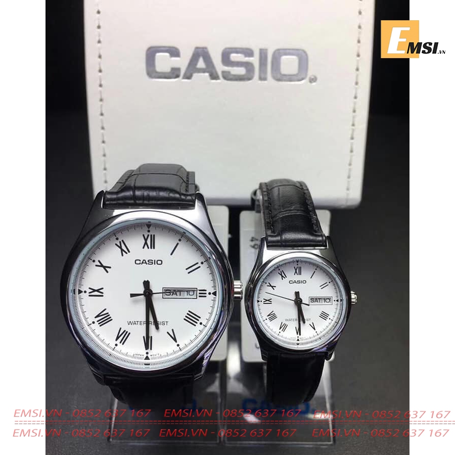 Đồng Hồ Cặp Đôi Casio MTP-V006L-7B và LTP-V006L-7B Dây Da Màu Đen - Mặt Tròn Màu Trắng EMSI.VN
