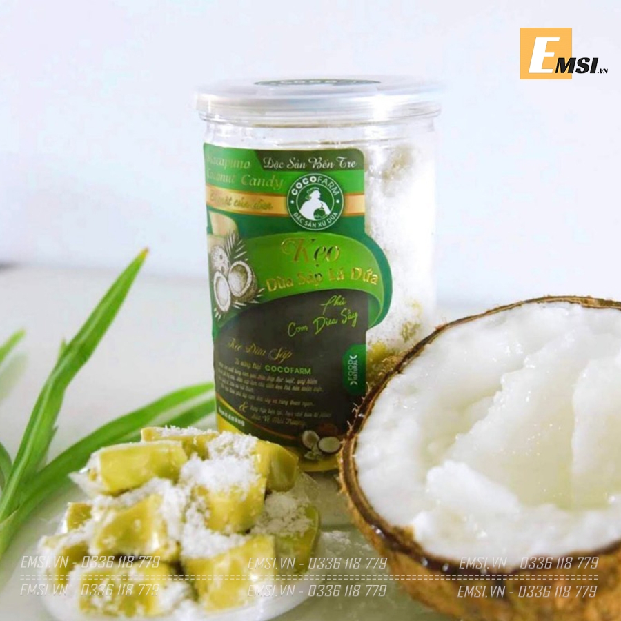 Đặc sản: Kẹo Dừa Sáp phủ cơm dừa sấy vị Lá Dứa 400gram