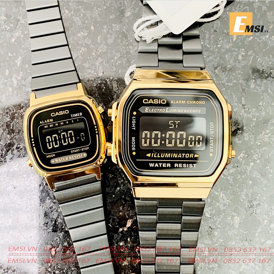 CASIO DIGITAL UNISEX cặp (A168WEGB-1BDF - LA670WEGB-1BDF) QUARTZ (PIN) dây kim loại - Chính Hãng