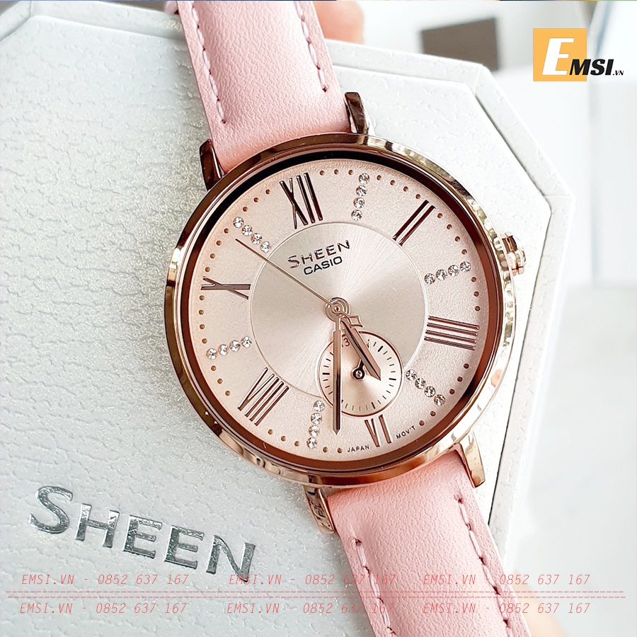 Đồng Hồ Nữ Casio Sheen SHE-3066PGL-4AVDF Dây Da Màu Hồng - Viền Mặt Mạ Vàng
