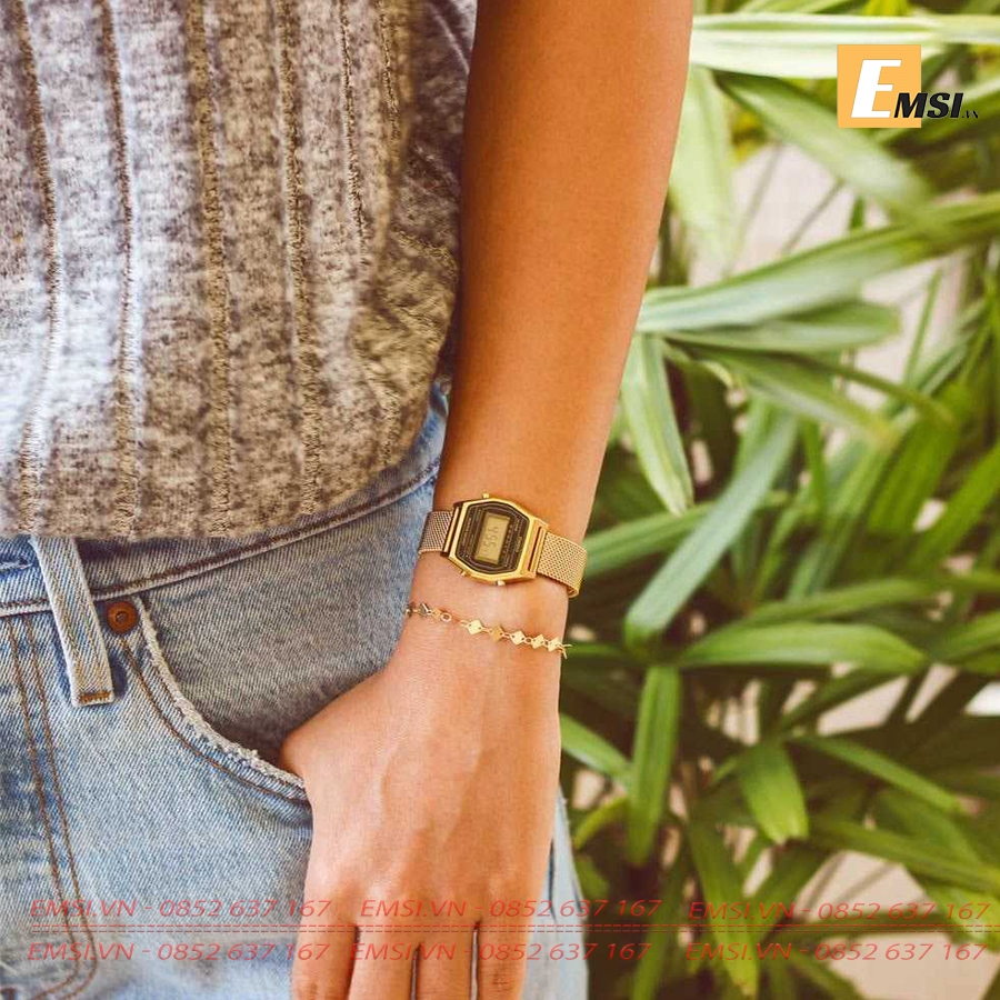 Đồng hồ casio nữ - dây lưới gold LA690WEMY-1DF 28X26MM - Emsi.vn