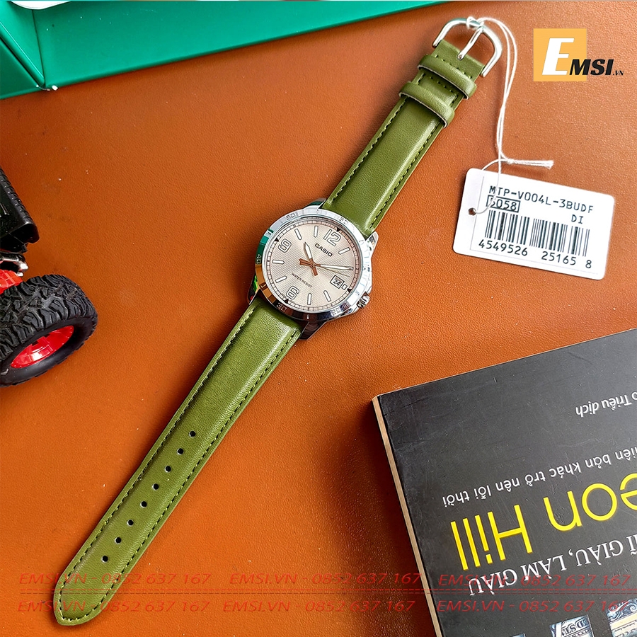 Đồng Hồ Casio Nam MTP-V004L-3BUDF Chống Nước - Dây Da Màu Xanh Rêu - Có Lịch Ngày