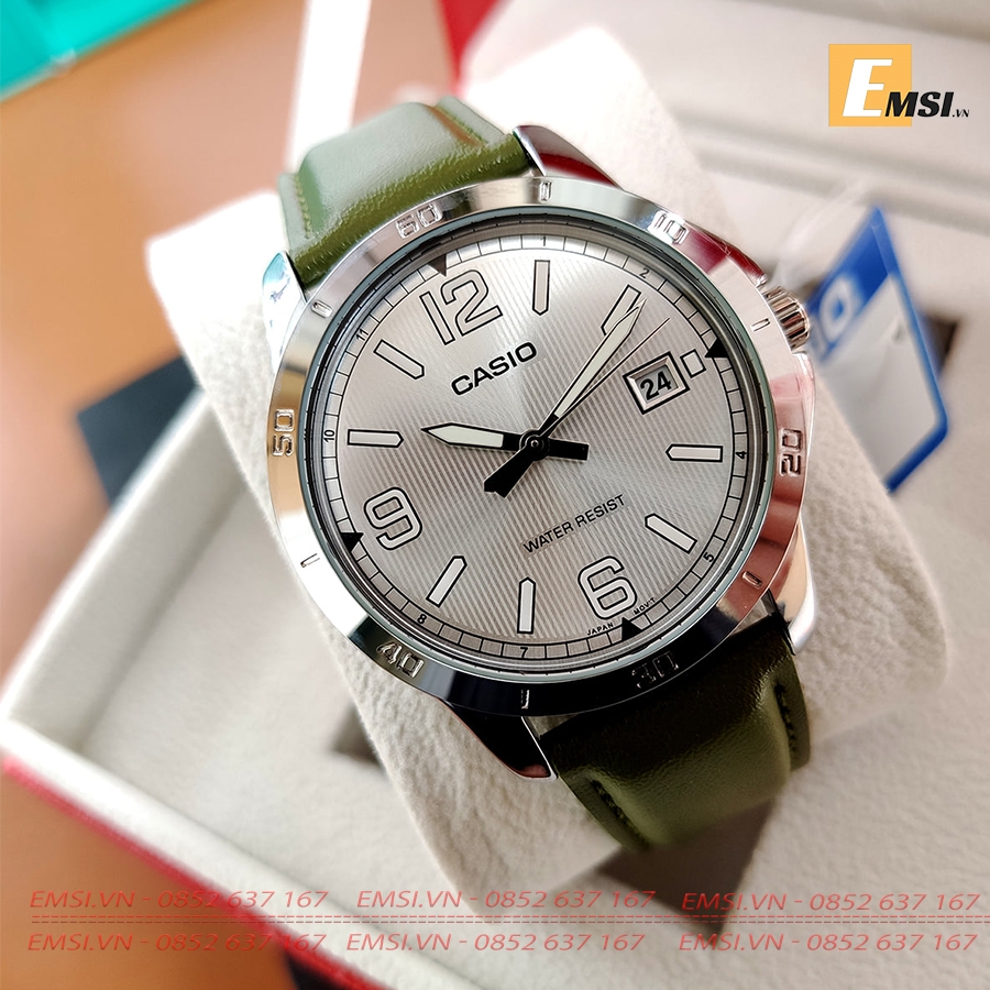 Đồng Hồ Casio Nam MTP-V004L-3BUDF Chống Nước - Dây Da Màu Xanh Rêu - Có Lịch Ngày