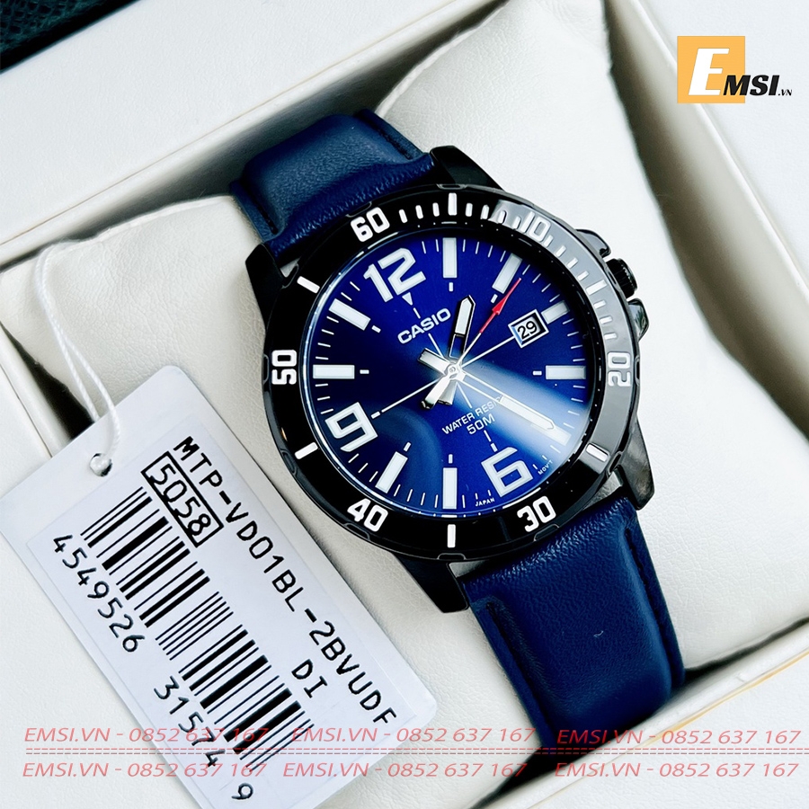 MTP-VD01BL-2BVUDF | Đồng Hồ Casio | Nam | Dây Da Màu Xanh | Vỏ Mạ Ion Đen | Chống Nước WR50M - Emsi.vn