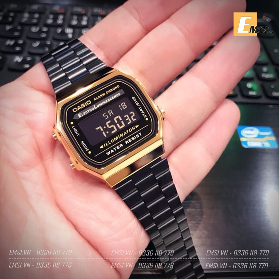 Đồng hồ Casio Nam A168WEGB-1B -  Nam - Kính Nhựa - Dây Thép - Emsi.vn