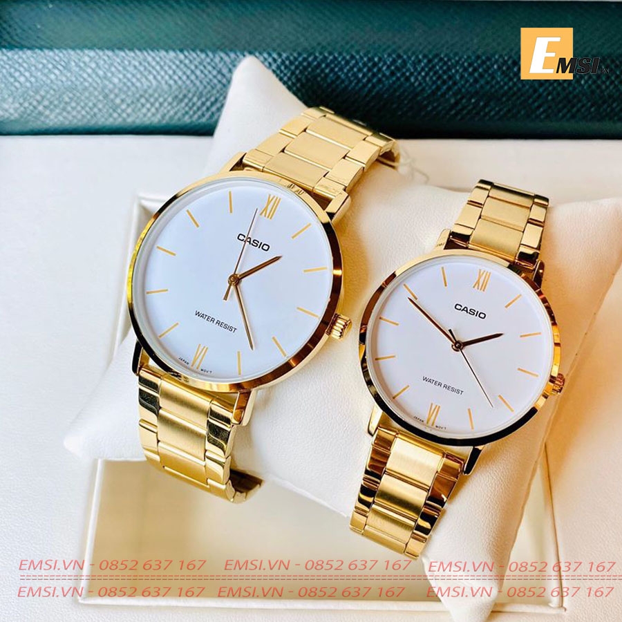 Đồng Hồ Cặp Đôi Casio MTP-VT01G-7BUDF Và LTP-VT01G-7BUDF Dây Kim Loại Mạ Vàng - Nền Mặt Màu Trắng EMSI.VN
