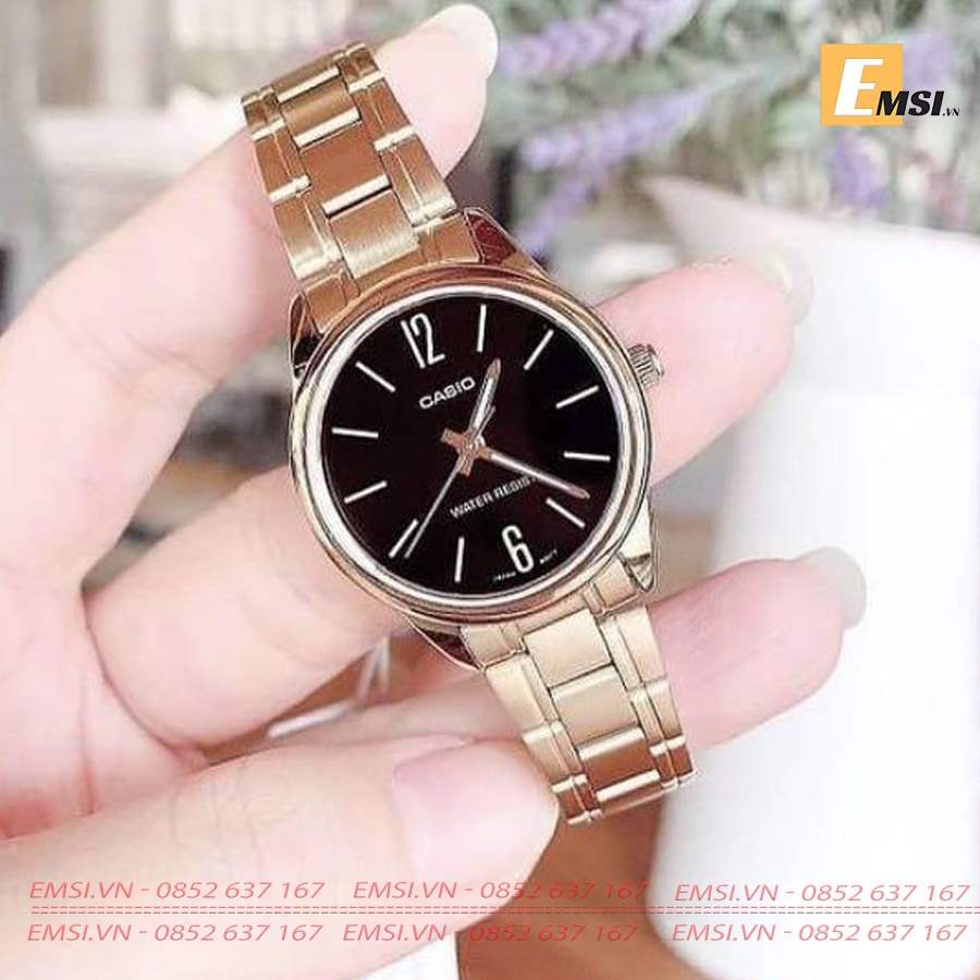 Đồng Hồ Cặp Đôi Casio MTP-V005G-1BUDF Và LTP-V005G-1BUDF Dây Kim Loại Mạ Vàng - Nền Mặt Màu Đen EMSI.VN