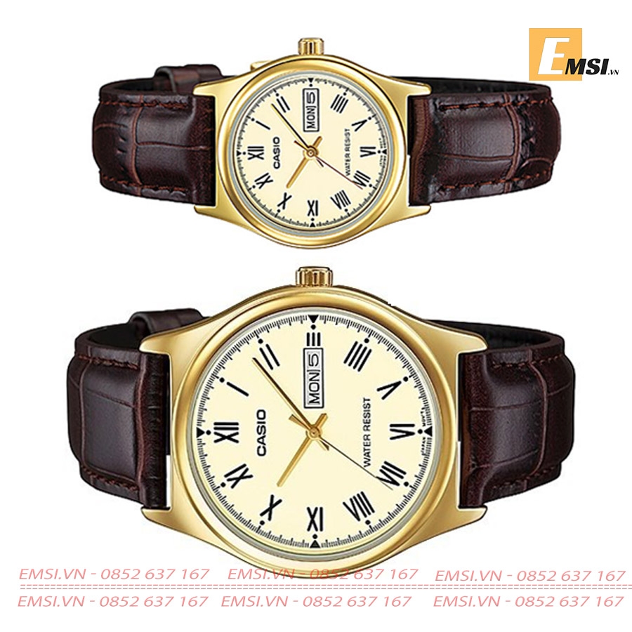 Đồng Hồ Cặp Đôi Casio MTP-V006GL-9B Và LTP-V006GL-9B Dây Da - Mặt tròn màu vàng EMSI.VN