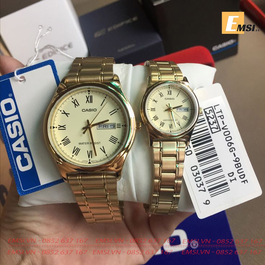 Đồng Hồ Cặp Đôi Casio MTP-V006G-9B và LTP-V006G-9B Dây Kim Loại Mạ Vàng Mặt Số La Mã EMSI.VN