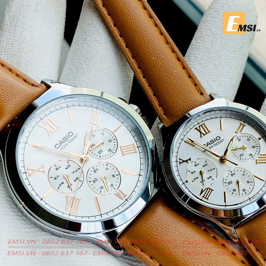 Đồng Hồ Cặp Đôi Casio MTP-V300L-7A2UDF Và LTP-V300L-7A2UDF Dây Da Màu Nâu - Chống Nước - Mặt Số La Mã EMSI.VN