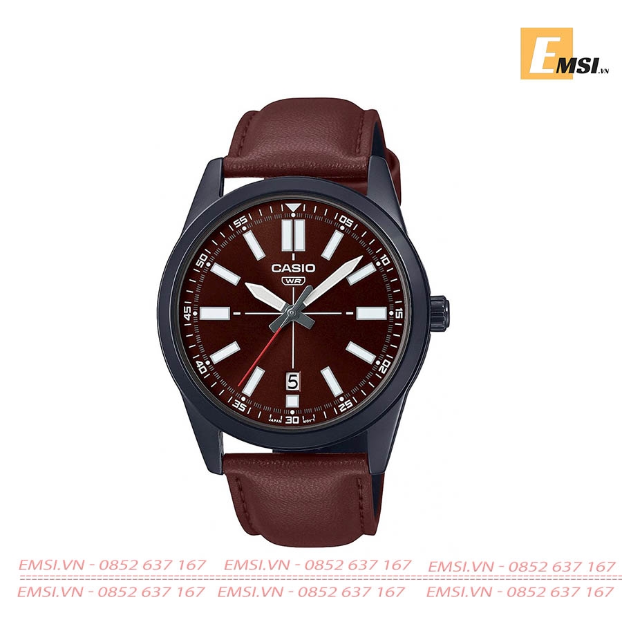 MTP-VD02BL-5E | Đồng Hồ Casio | Nam | Dây Da Màu Nâu | Vỏ Mạ Ion Đen | Chống Nước - Emsi.vn