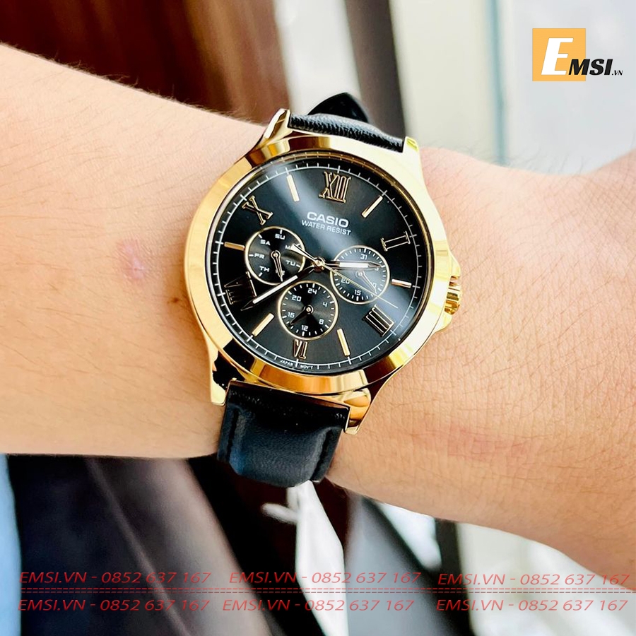MTP-V300GL-1AUDF | Đồng Hồ Casio | Nam | Dây Da | Viền Mạ Vàng | Nhiều Kim | Chống Nước - Emsi.vn