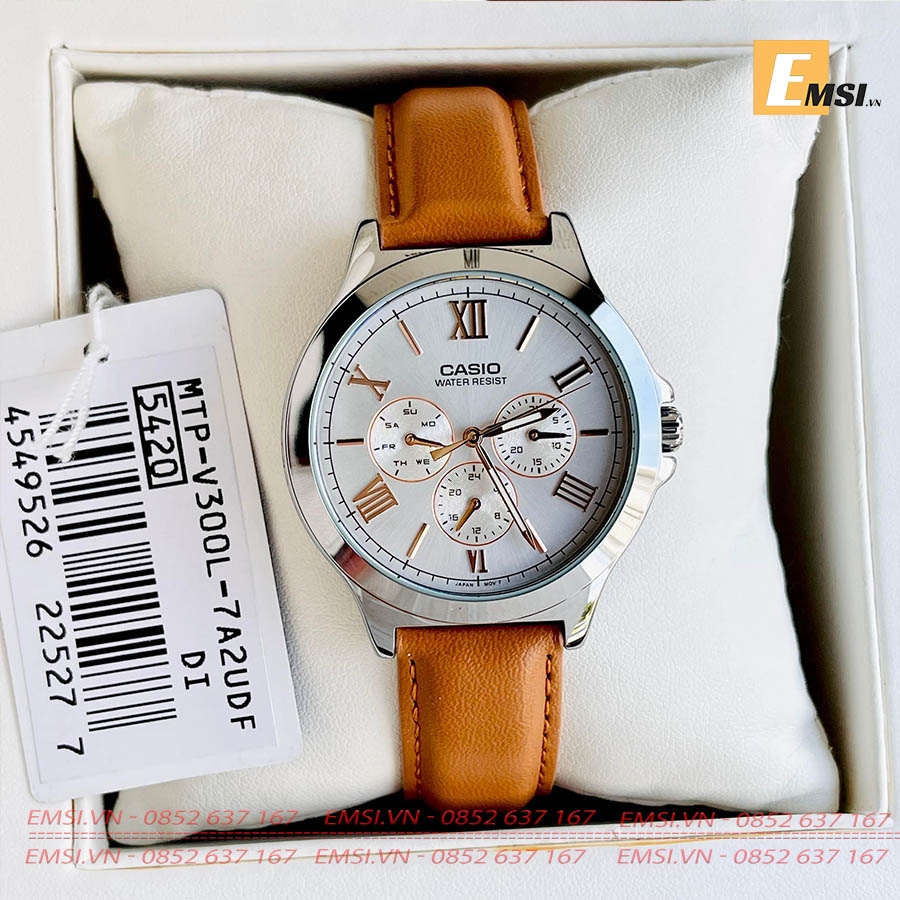 Đồng Hồ Cặp Đôi Casio MTP-V300L-7A2UDF Và LTP-V300L-7A2UDF Dây Da Màu Nâu - Chống Nước - Mặt Số La Mã EMSI.VN