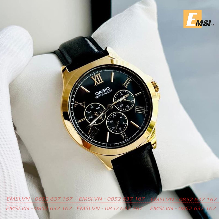 MTP-V300GL-1AUDF | Đồng Hồ Casio | Nam | Dây Da | Viền Mạ Vàng | Nhiều Kim | Chống Nước - Emsi.vn