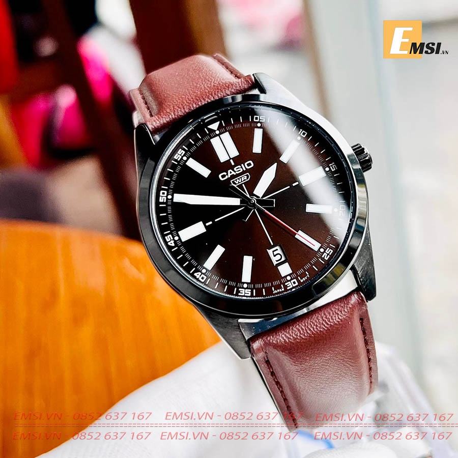 MTP-VD02BL-5E | Đồng Hồ Casio | Nam | Dây Da Màu Nâu | Vỏ Mạ Ion Đen | Chống Nước - Emsi.vn