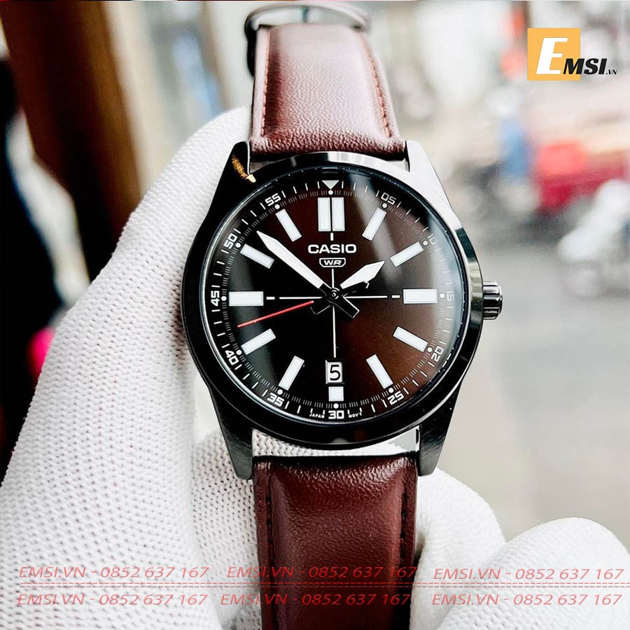 MTP-VD02BL-5E | Đồng Hồ Casio | Nam | Dây Da Màu Nâu | Vỏ Mạ Ion Đen | Chống Nước - Emsi.vn